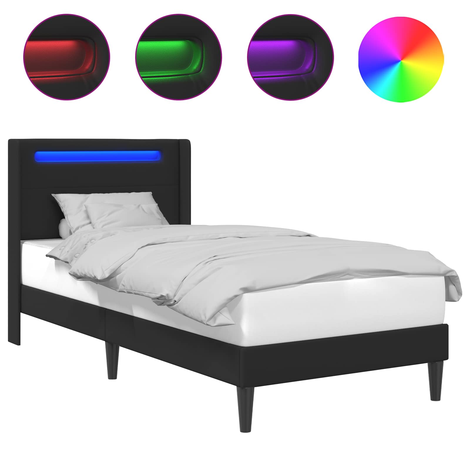 Sengestel med LED-lysstrimler Sort 90 x 190 cm Kunstlæder