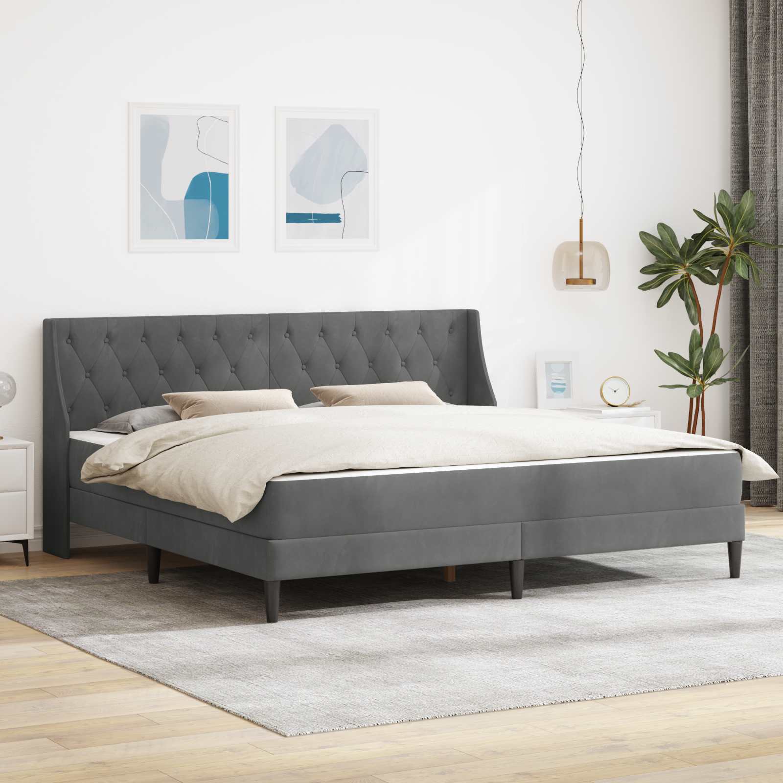 Sengeramme med madras med madras Mørkegrå 200 x 200 cm Fløjl