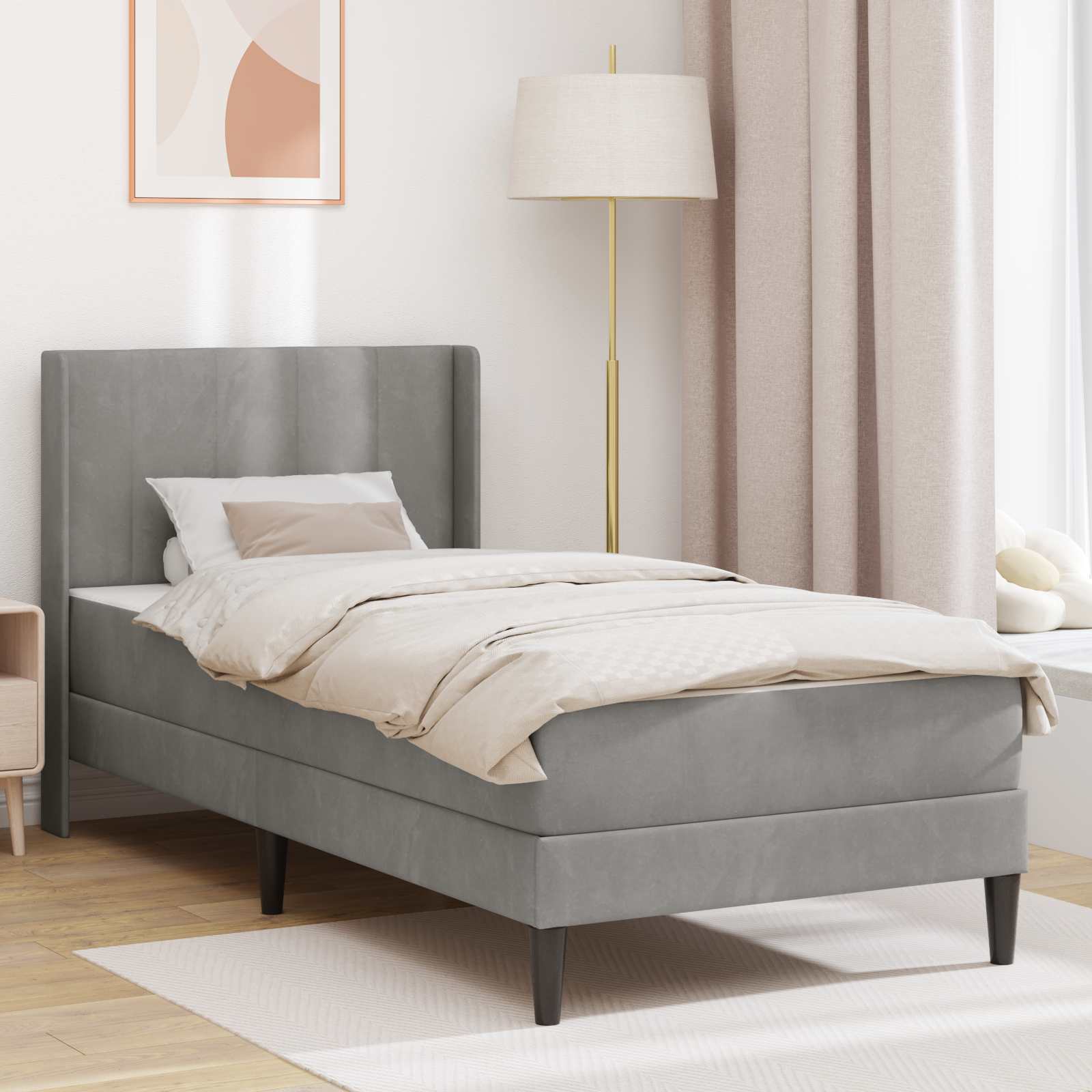 Sengeramme med madras med hovedgærde Lysegrå 90 x 200 cm Fløjl