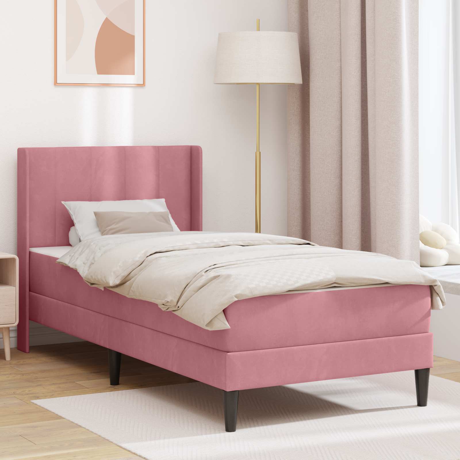 Sengeramme med madras med hovedgærde Lyserød 90 x 200 cm Fløjl