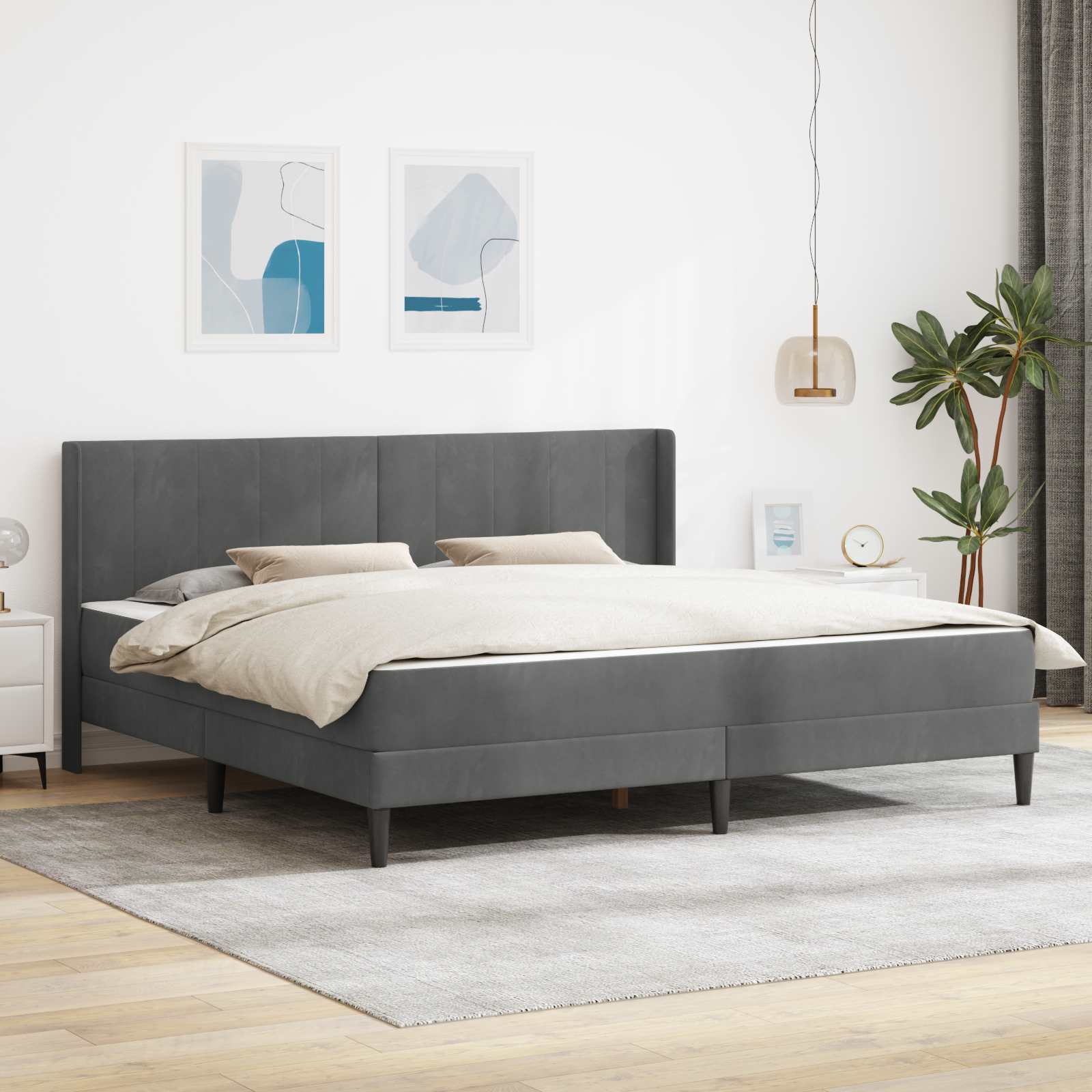 Sengeramme med madras Mørkegrå 200 x 200 cm Fløjl