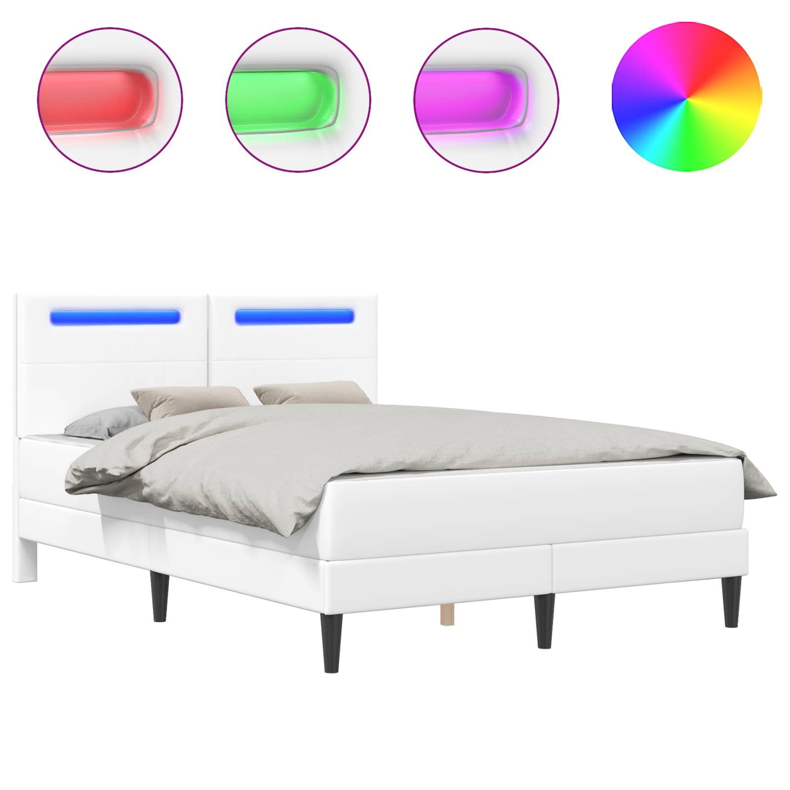 Sengestel med LED-lysstrimler Hvid 140 x 200 cm Kunstlæder