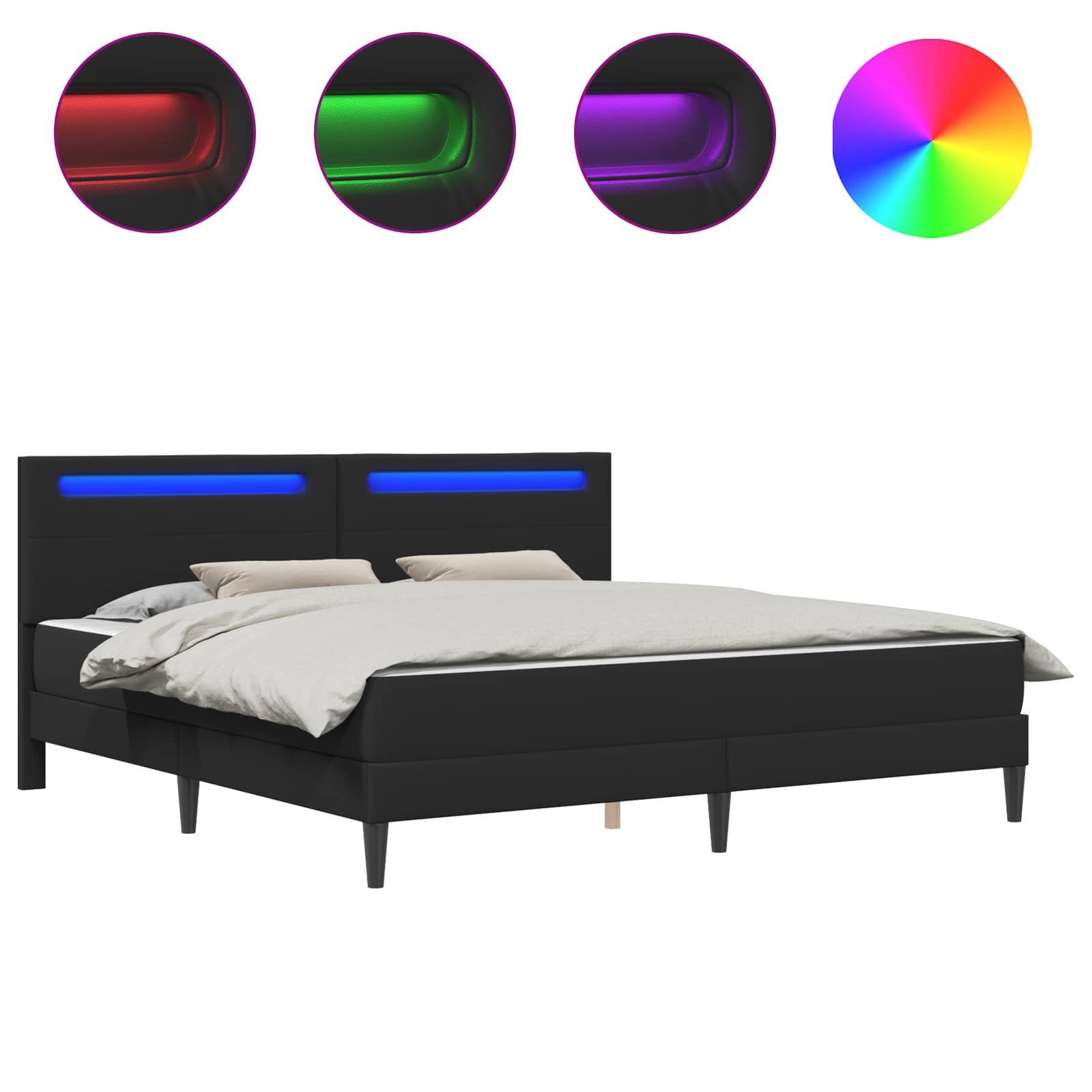 Sengestel med LED-lysstrimler Sort 200 x 200 cm Kunstlæder