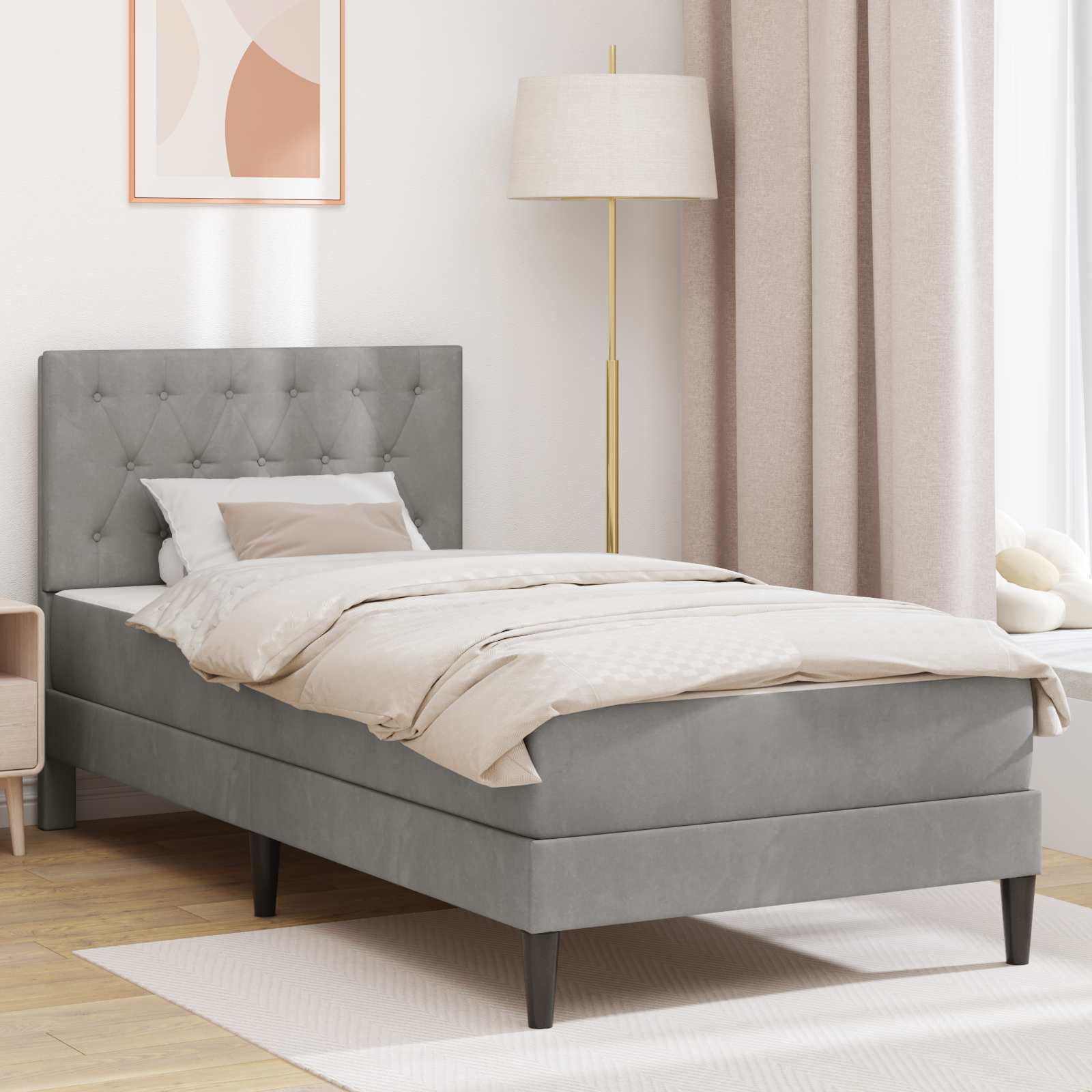 Sengeramme med madras med hovedgærde Lysegrå 90 x 200 cm Fløjl