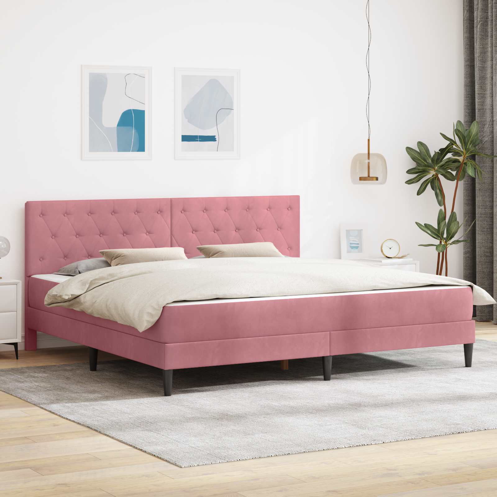 Sengeramme med madras med hovedgærde Lyserød 180 x 200 cm Fløjl