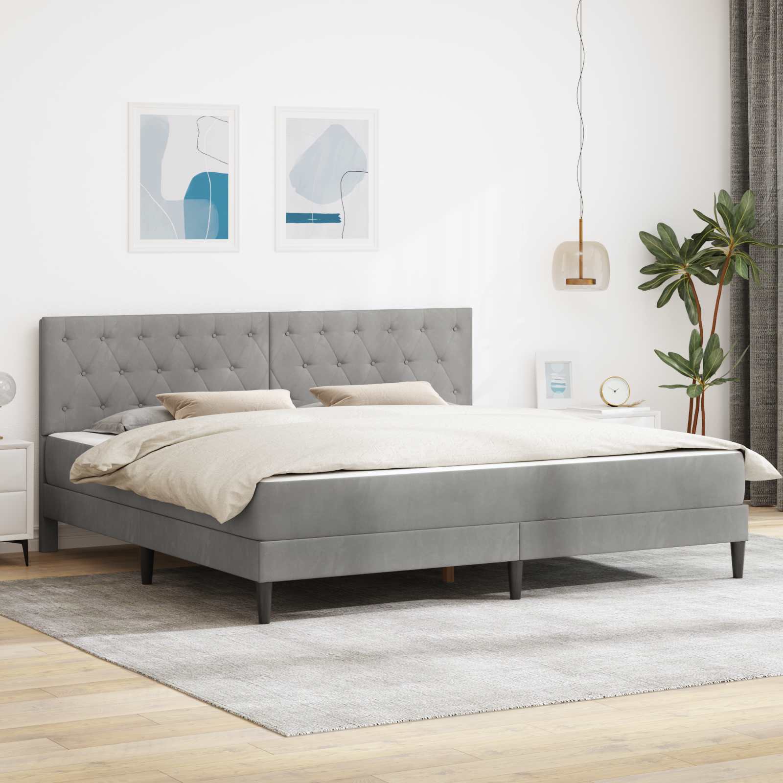 Sengeramme med madras med hovedgærde Lysegrå 200 x 200 cm Fløjl