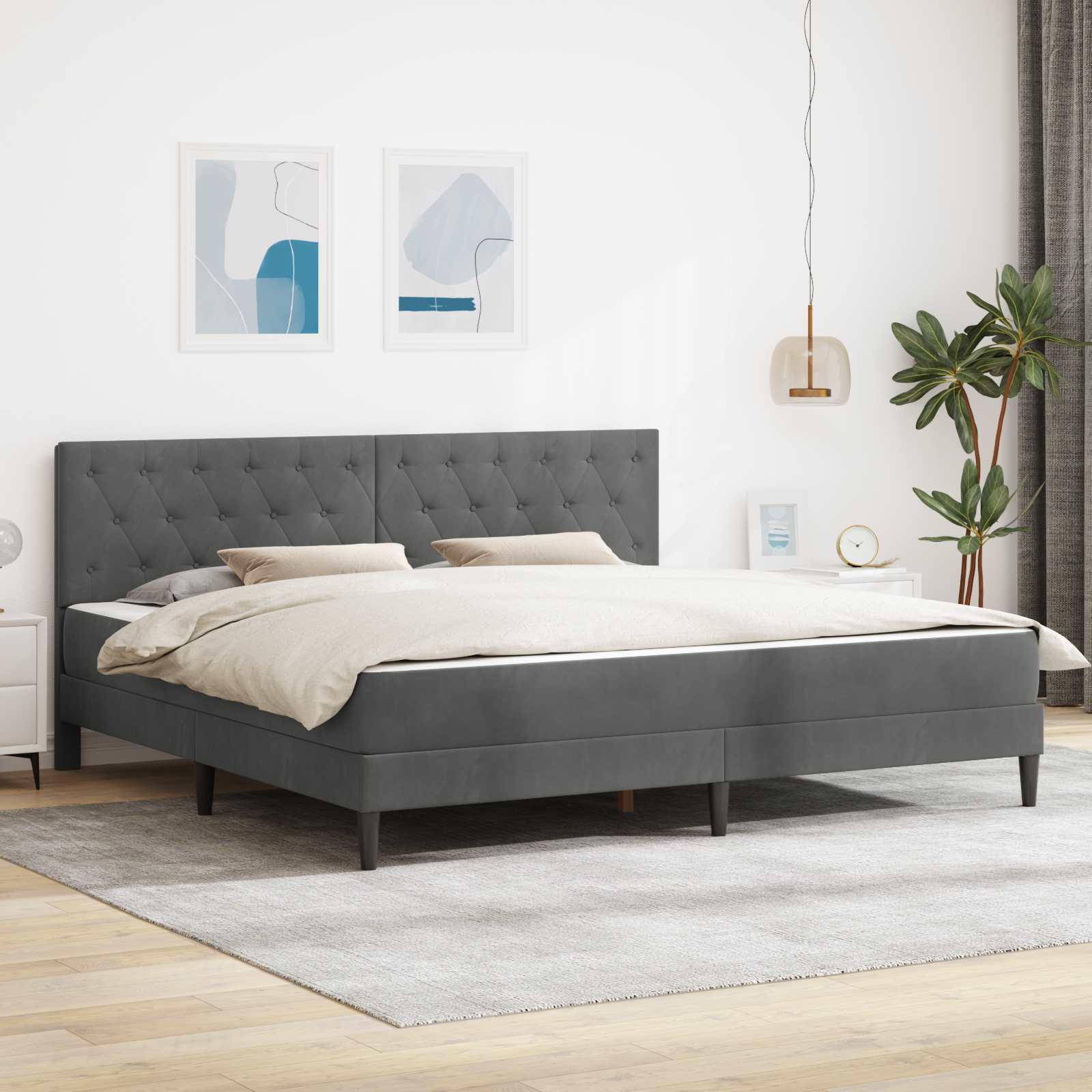 Sengeramme med madras Mørkegrå 200 x 200 cm Fløjl