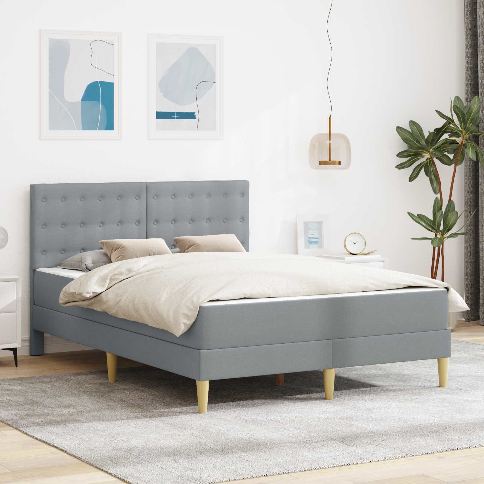 Sengeramme med madras med hovedgærde Lysegrå 140 x 200 cm Stof