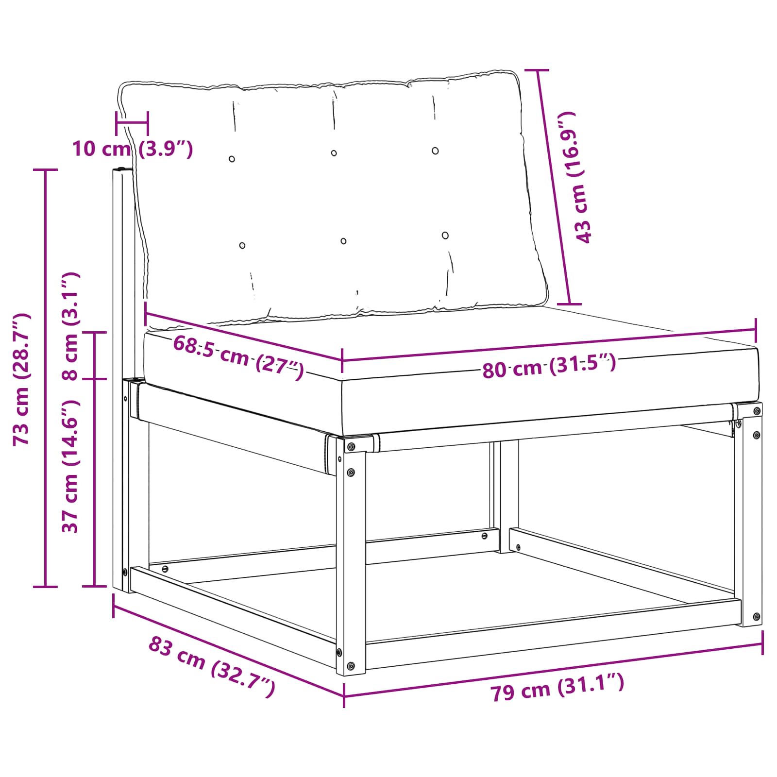 Udendørs Mellem Sofa med pude Hvid 79 x 83 x 73 cm stål