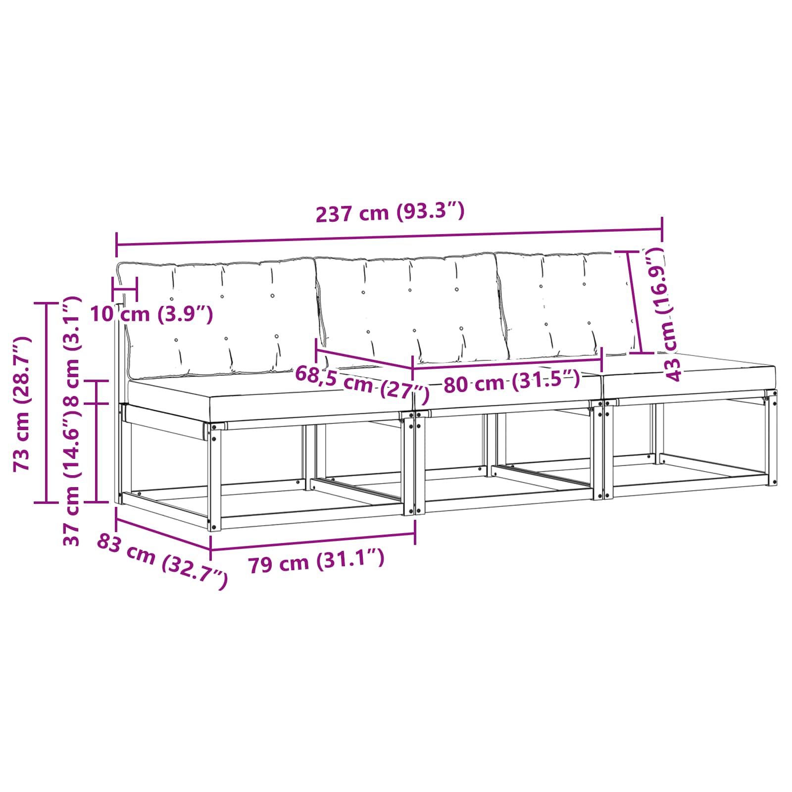 Udendørs Mellem Sofa Massiv akacietræ og Textilene Hvid