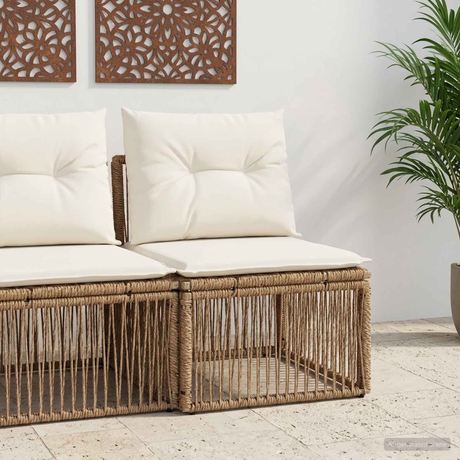 Armløs sofaenhed i beige polyrattan - modul til udendørs loungesofa