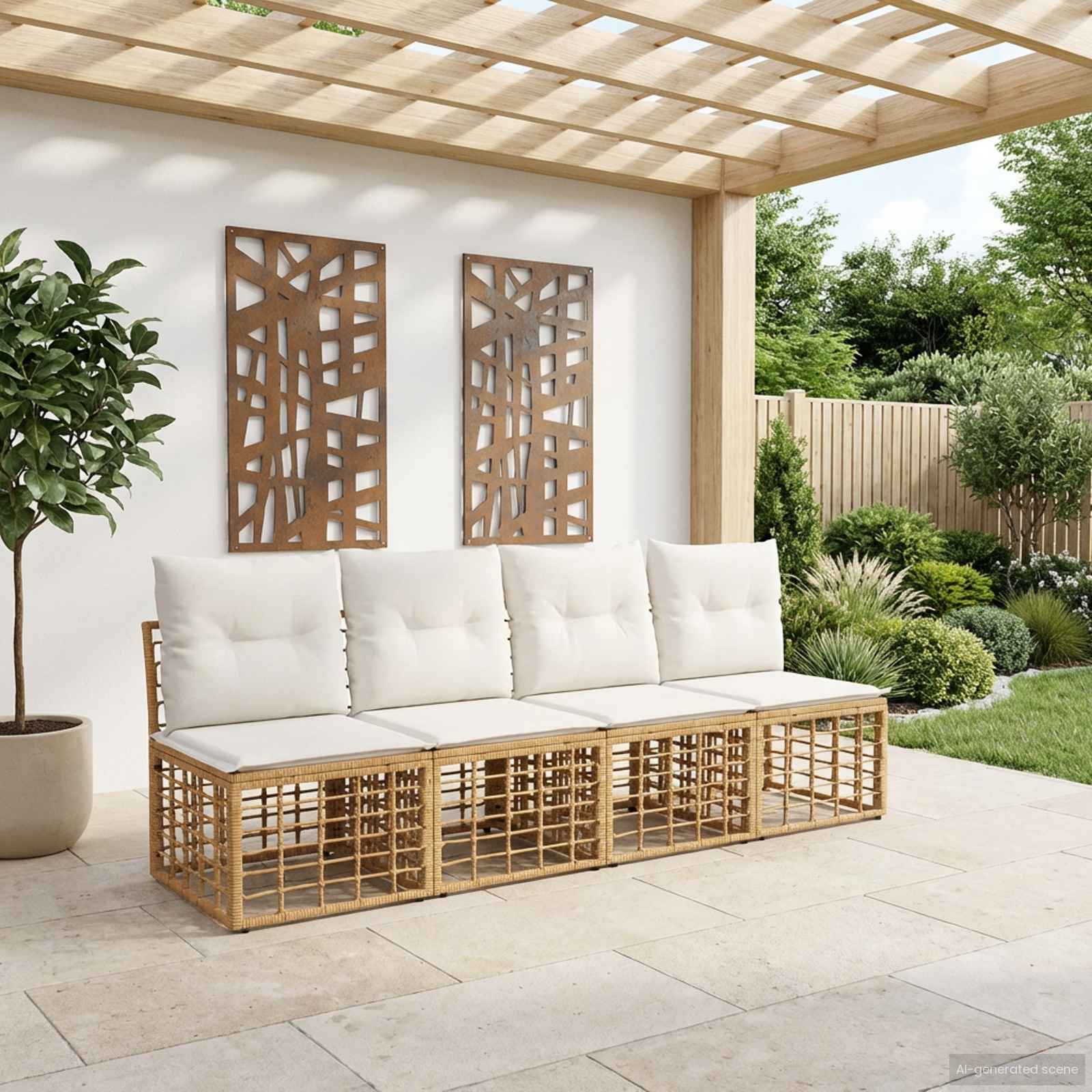 4-personers modulær havesofa uden armlæn i polyrattan - naturfarvet