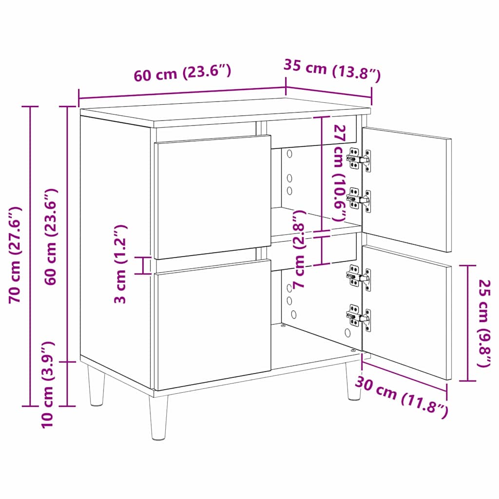 Sideboards 3 pcs Artisan Egetræ 60 x 35 x 70 cm Konstrueret træ