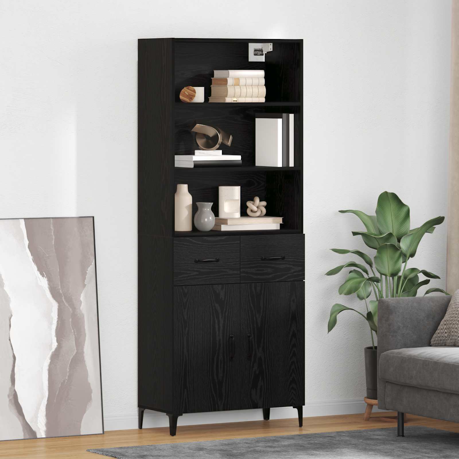 Highboard med skuffe Sort eg 69,5 x 34 x 180 cm Konstrueret træ
