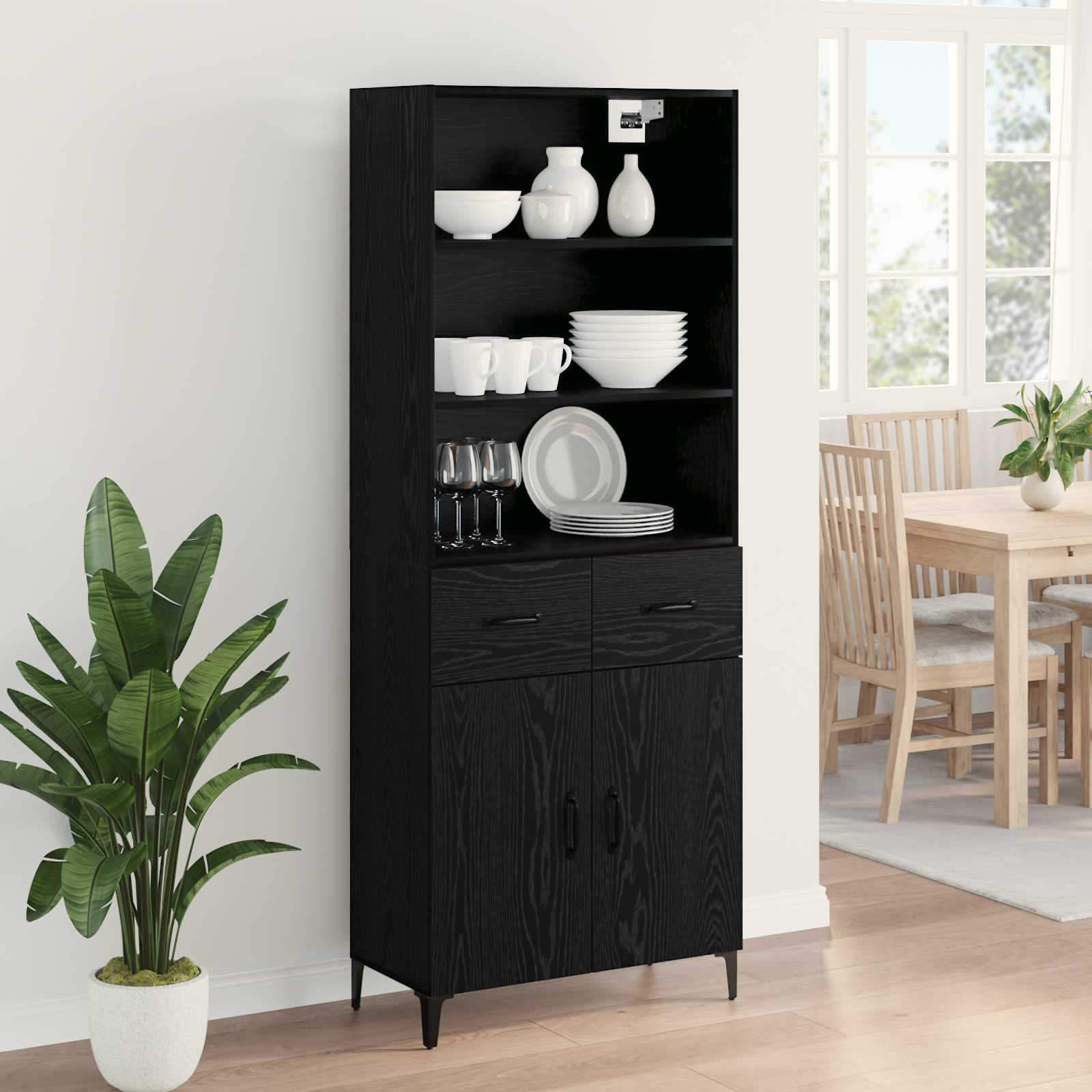 Highboard med skuffe Sort eg 69,5 x 34 x 180 cm Konstrueret træ