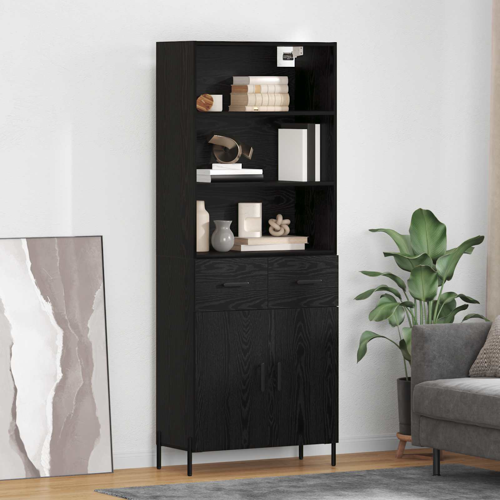 Highboard med skuffe Sort eg 69,5 x 34 x 180 cm Konstrueret træ