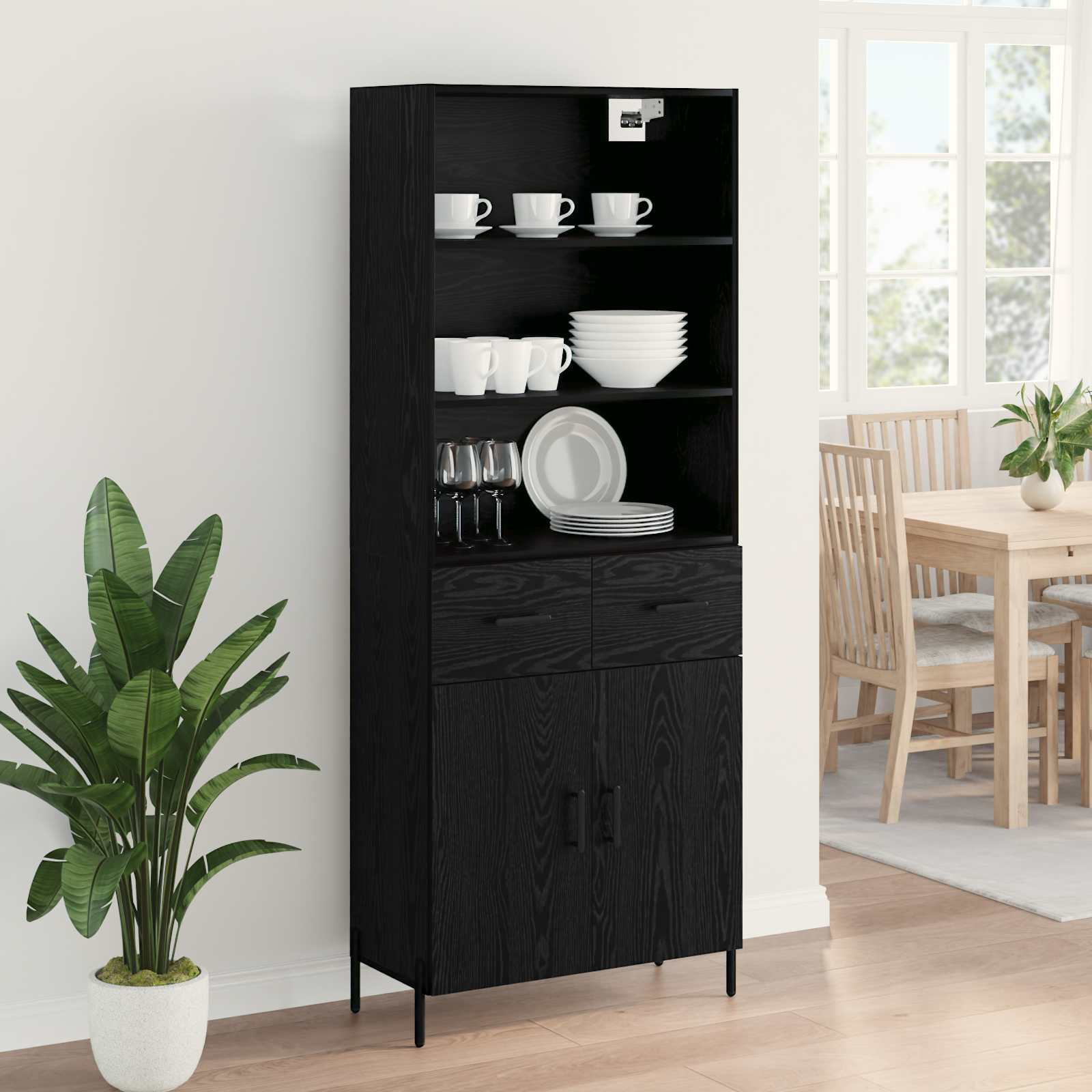 Highboard med skuffe Sort eg 69,5 x 34 x 180 cm Konstrueret træ