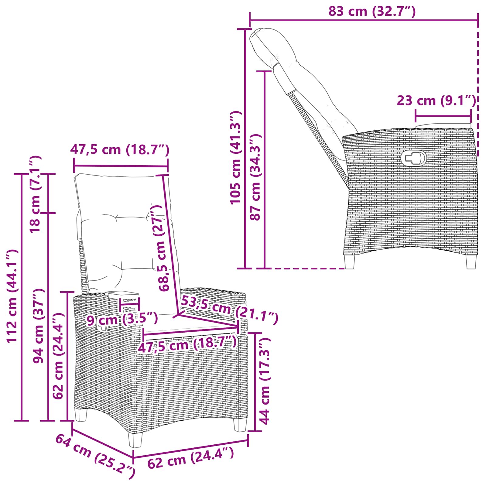 Lænestol med teplade med pude 62 x 64 x 112 cm polyrattan