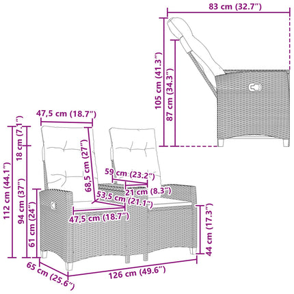 Reclining Bench med Bord Sort og Cremehvid 126 x 65 x 112 cm