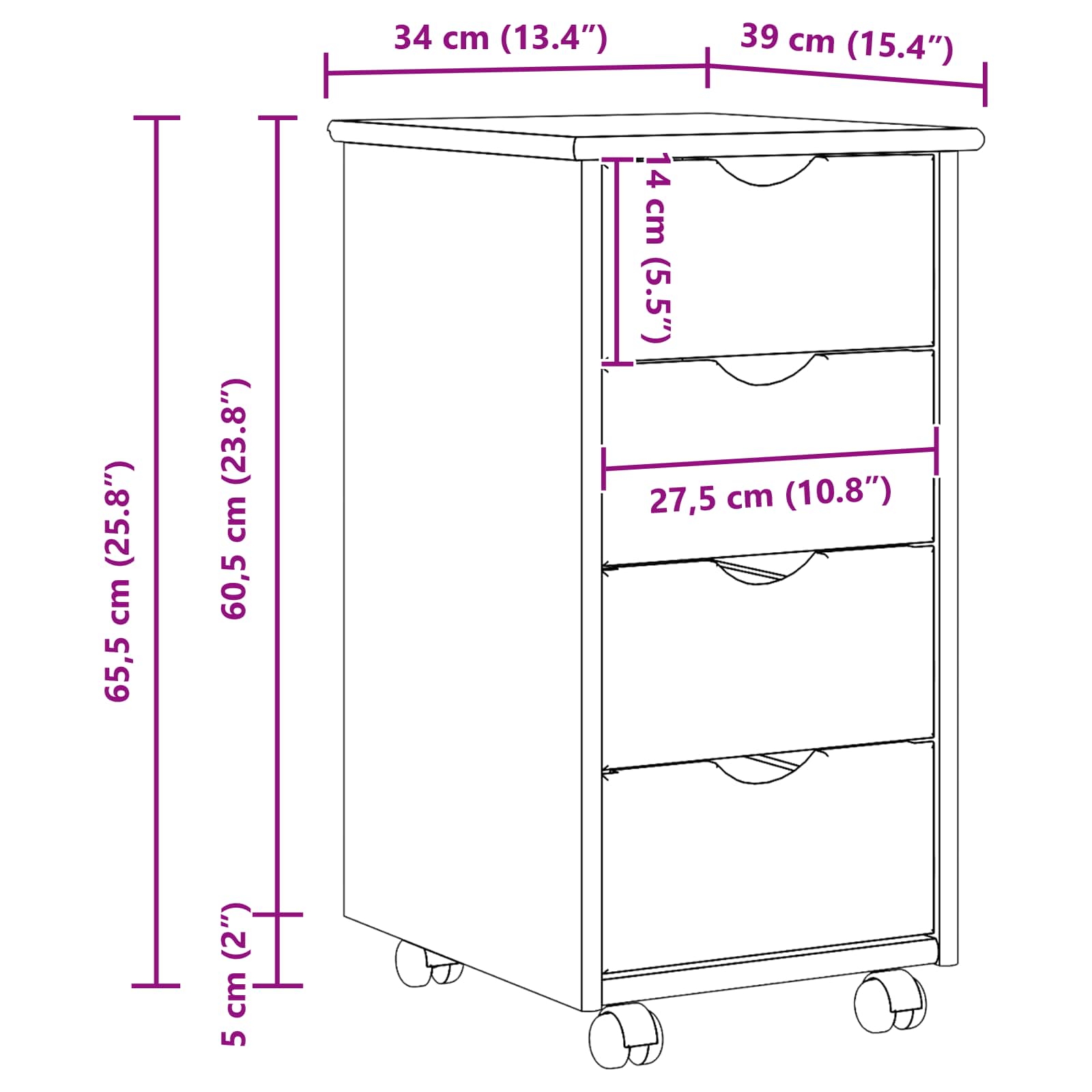 Rullende skab Honningbrun 34 x 39 x 65,5 cm Massivt fyrretræ