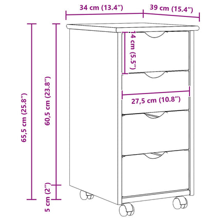 Rullende skab med hjul Hvid 34 x 39 x 65,5 cm Massivt fyrretræ