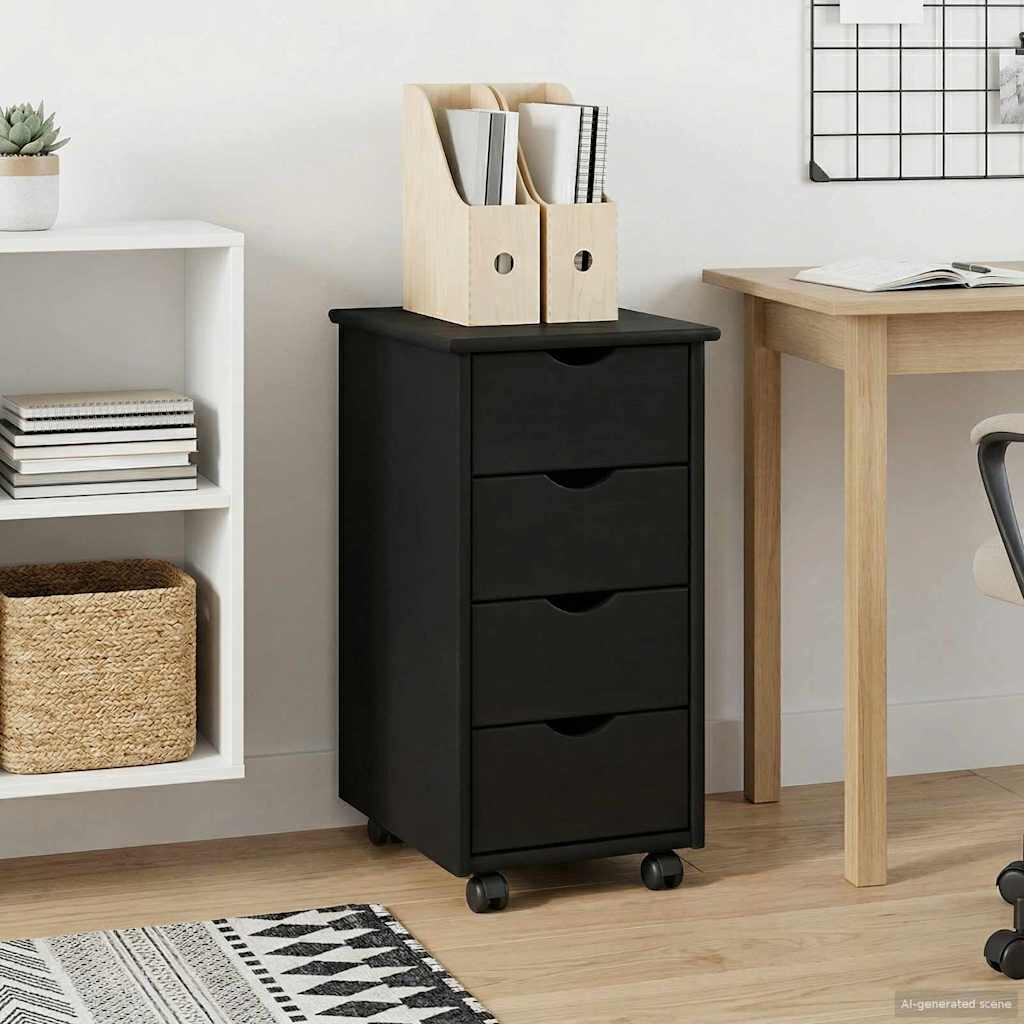 Rullende skab med hjul Sort 34 x 39 x 65,5 cm Massivt fyrretræ