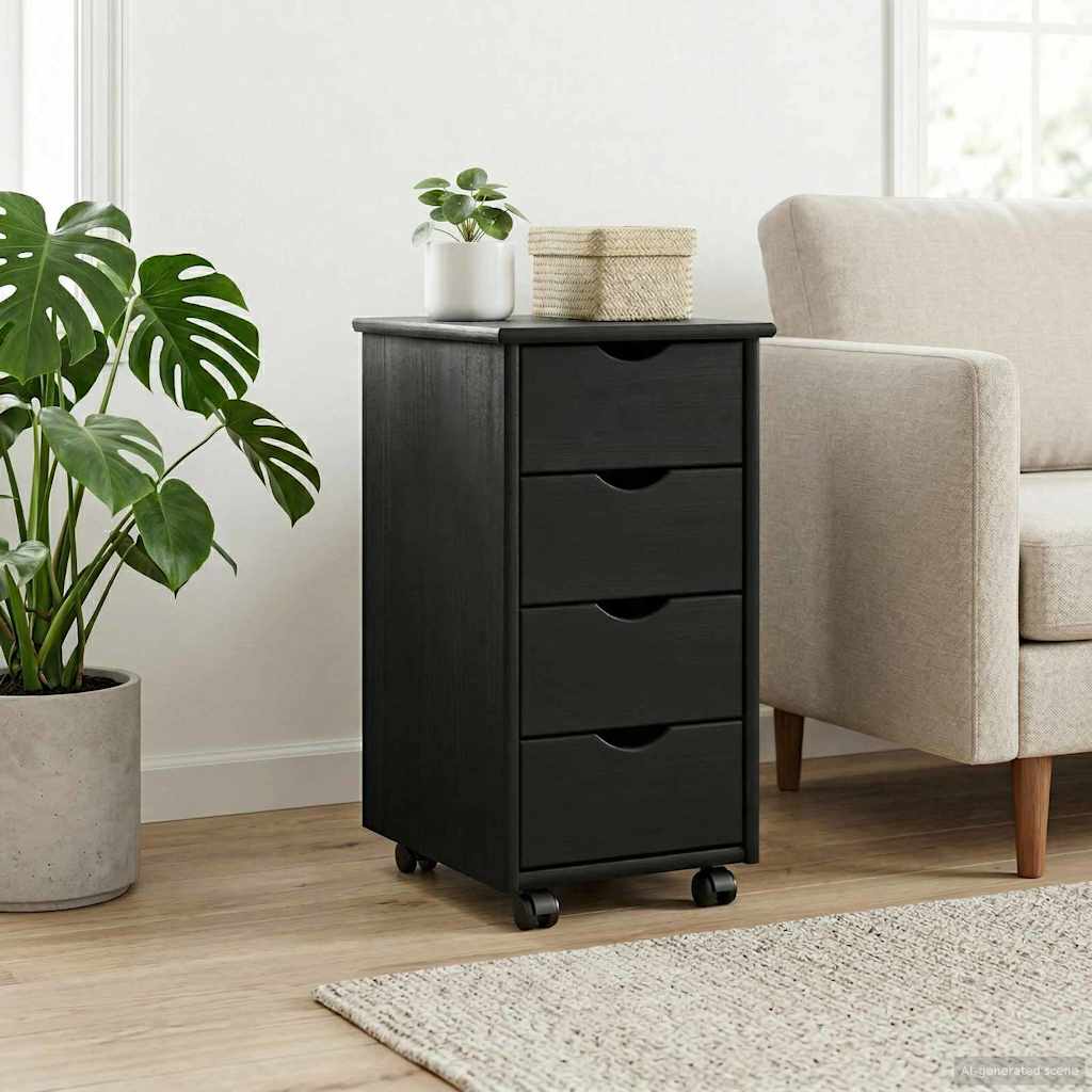 Rullende skab med hjul Sort 34 x 39 x 65,5 cm Massivt fyrretræ
