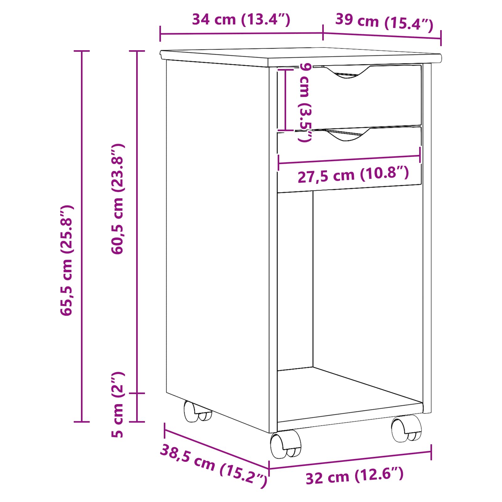 Rullende skab HonningBrun 34 x 39 x 65,5 cm Massivt fyrretræ