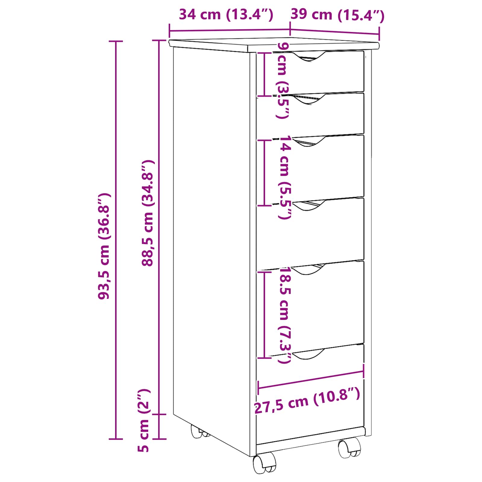Rullende skab Honningbrun 34 x 39 x 93,5 cm Massivt fyrretræ