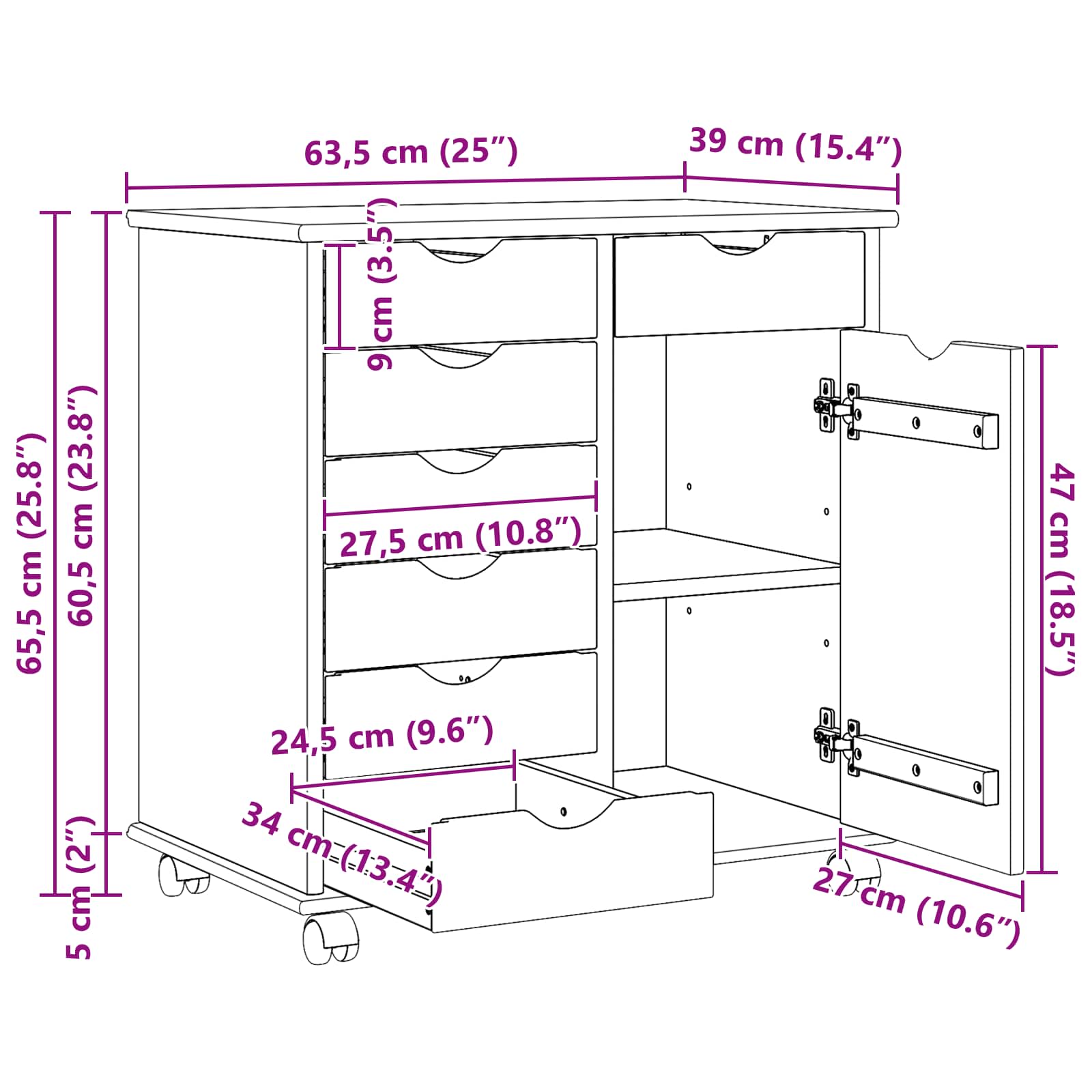 Rullende skab Honningbrun 63,5 x 39 x 65,5 cm Massivt fyrretræ