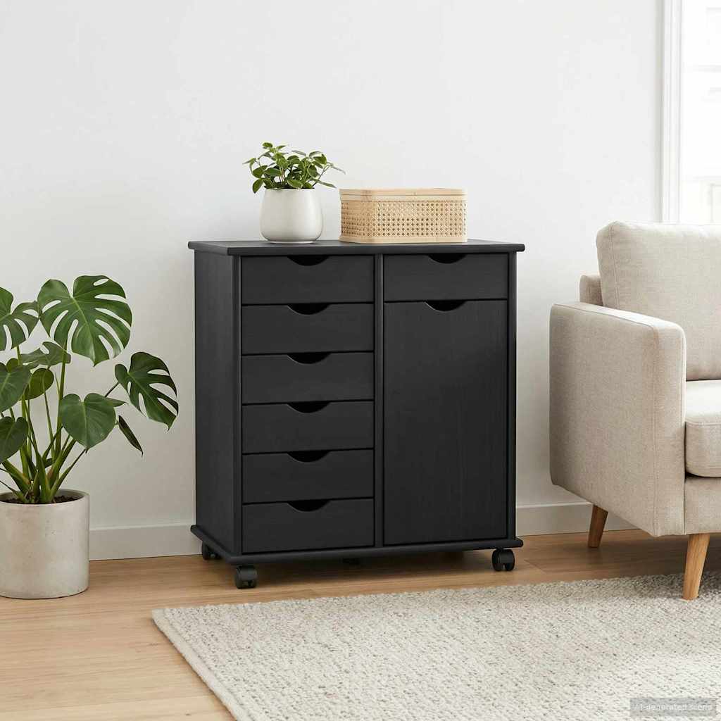 Rullende skab Sort 63,5 x 39 x 65,5 cm Massivt fyrretræ