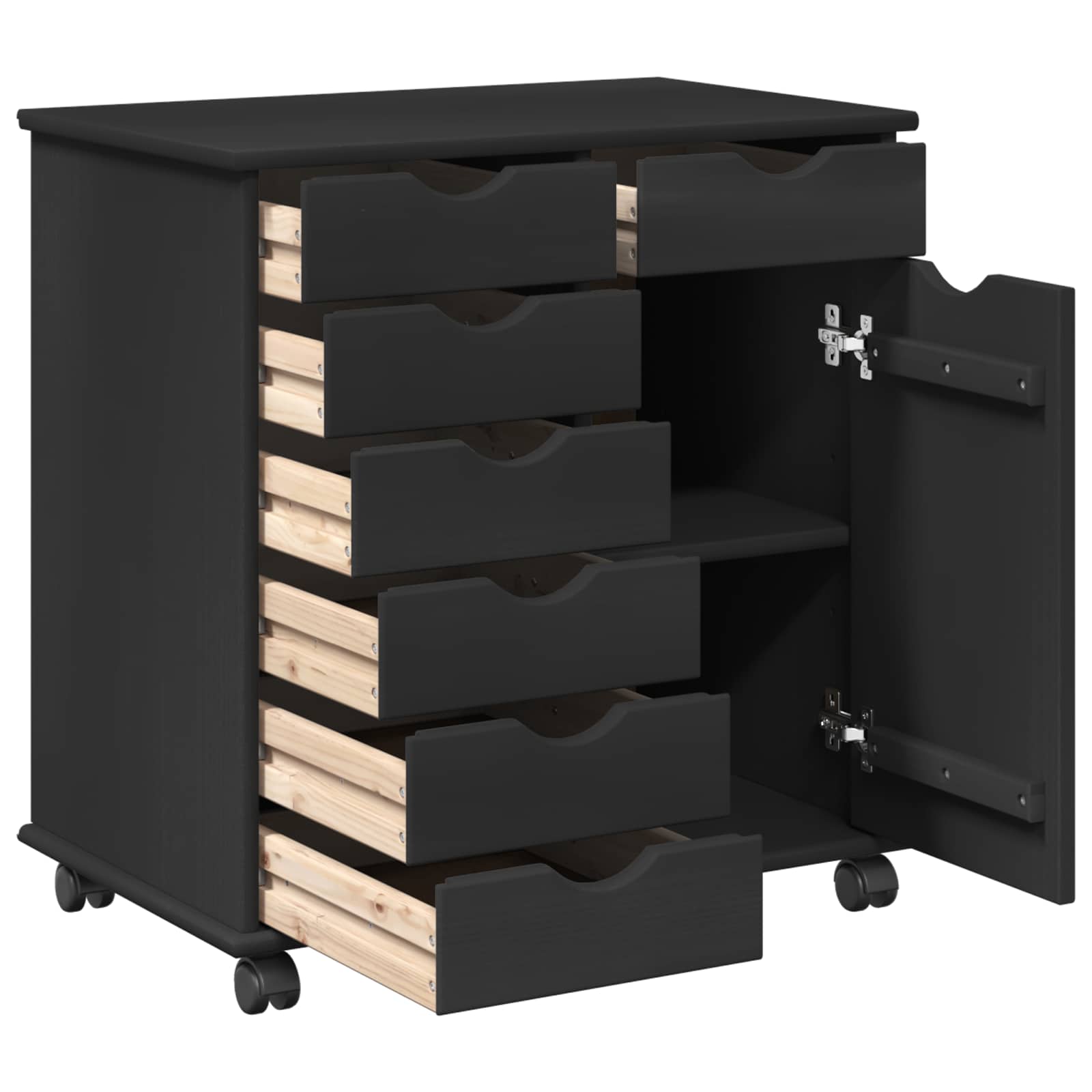 Rullende skab Sort 63,5 x 39 x 65,5 cm Massivt fyrretræ