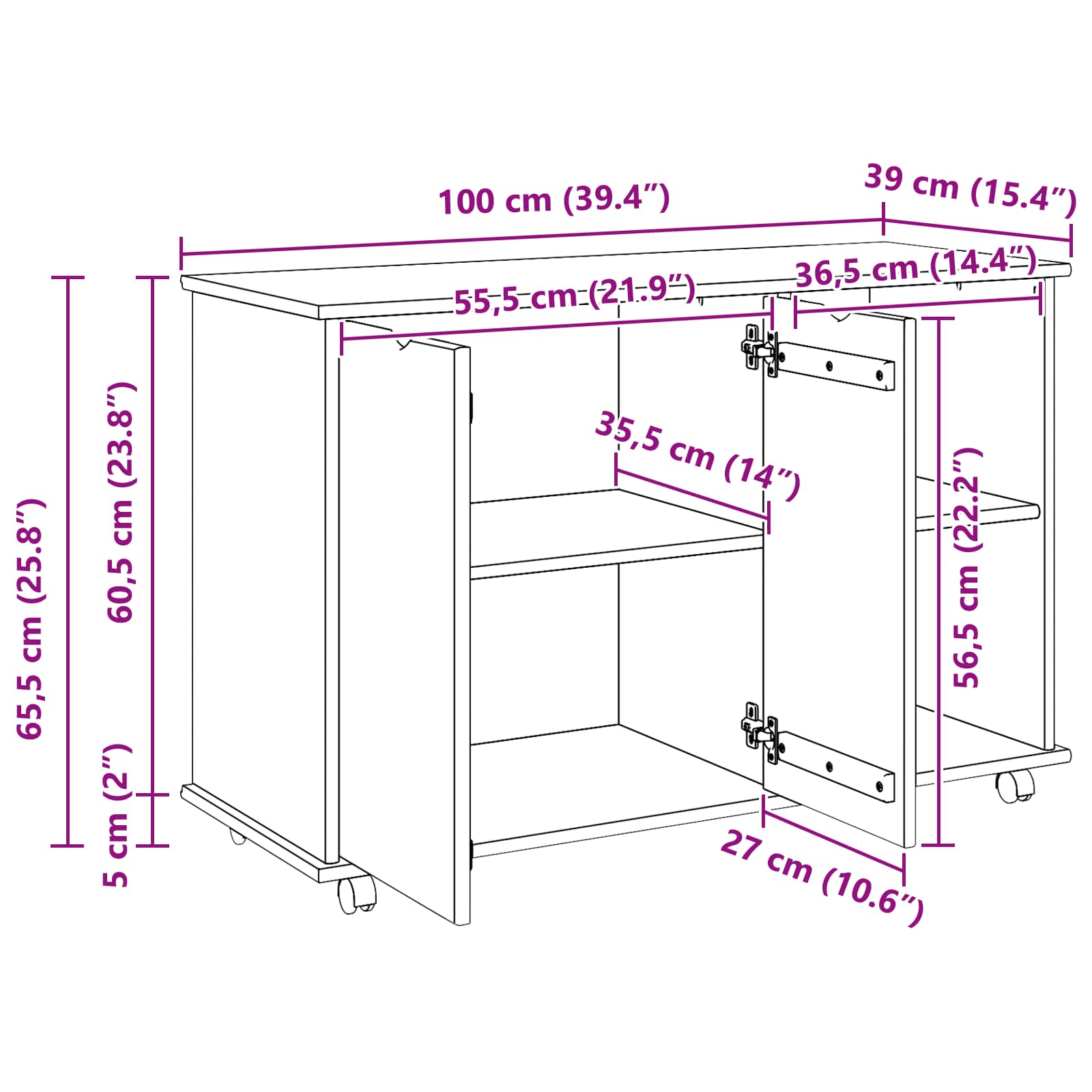Rullende skab Honningbrun 100 x 39 x 65,5 cm Massivt fyrretræ