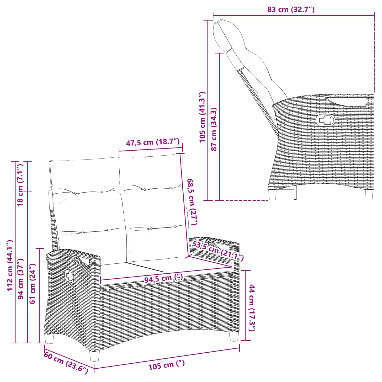 Havebænk Sort og Cream 105 x 60 x 112 cm Stål og Polyester