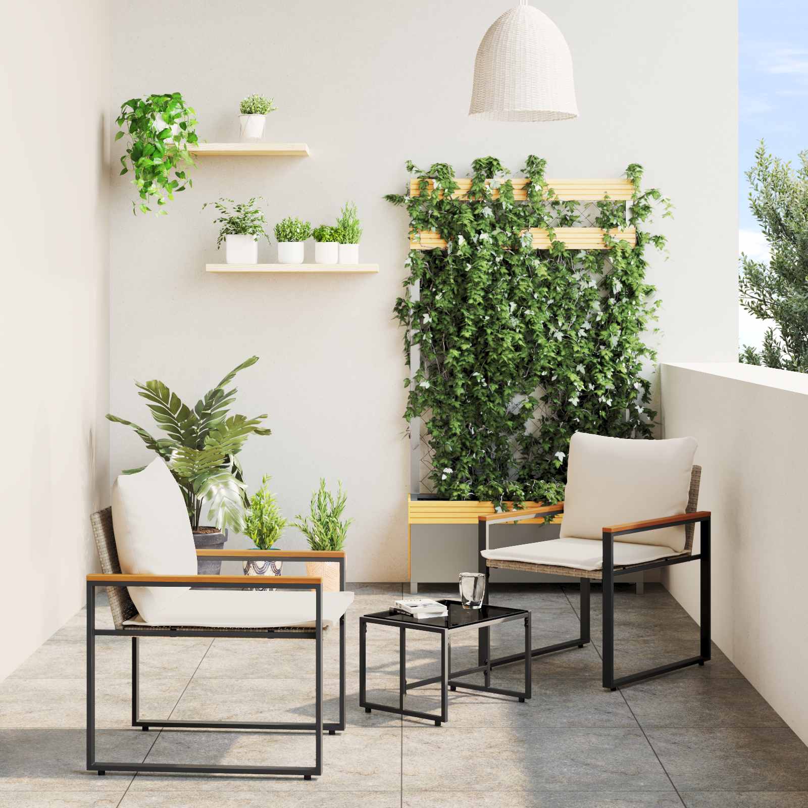 Møbel sæt med pude 3 pcs Beige og cremehvid Rattan