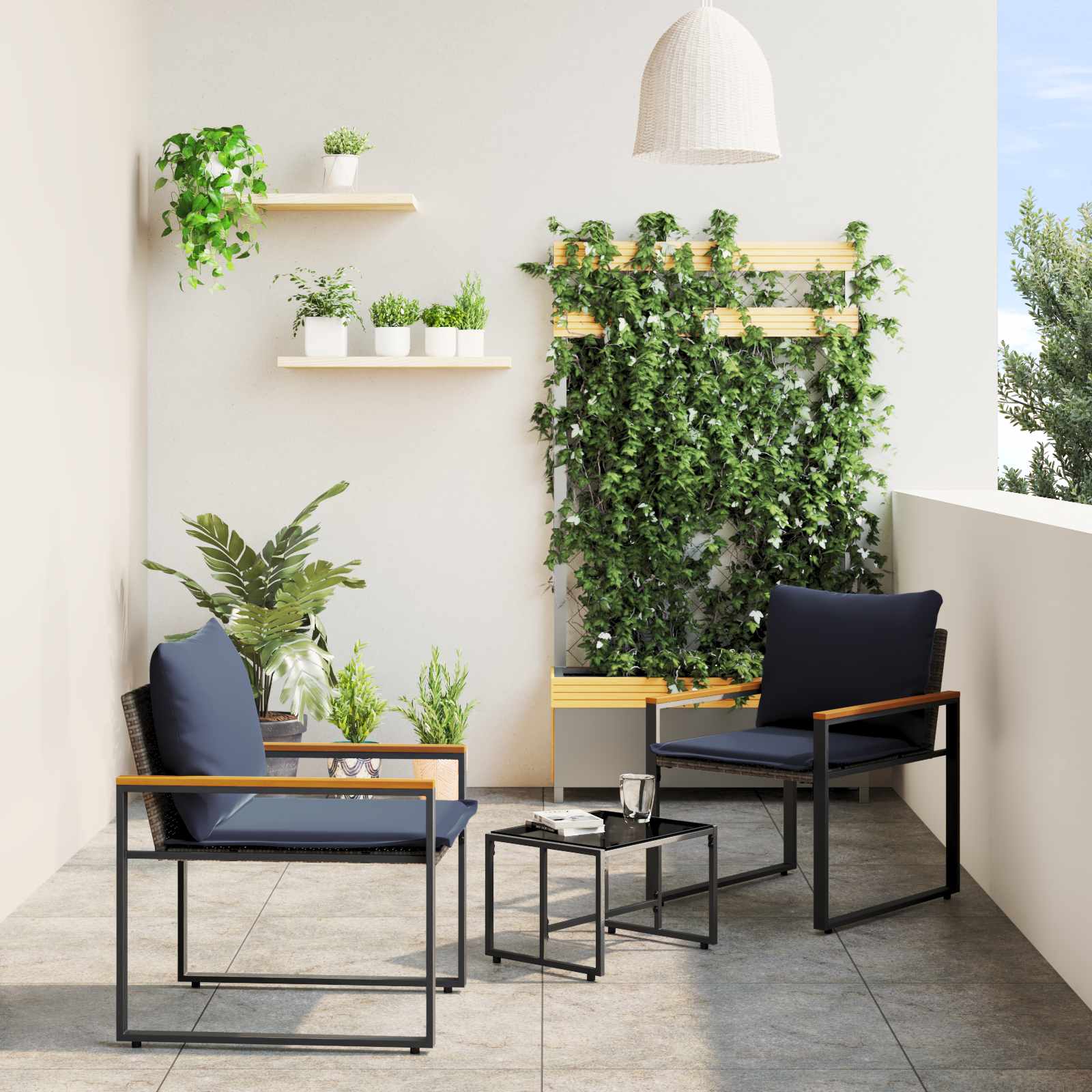 Møbel sæt med pude 3 pcs Grå og Marineblå Rattan