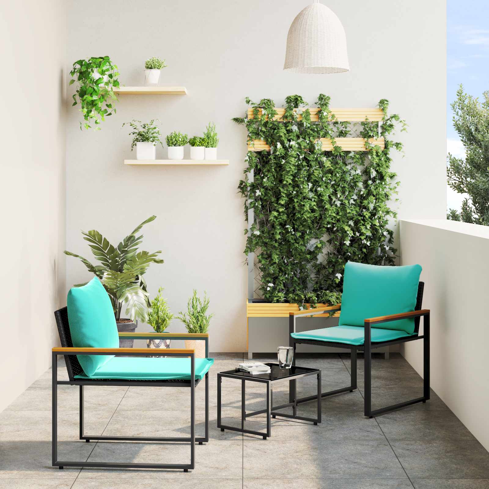 Møbel sæt med pude 3 pcs Sort og turkis Rattan