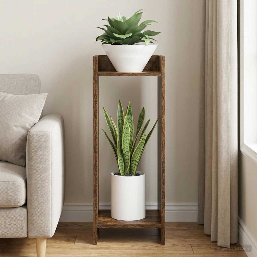 Planteholder med hylde Røget Eg 30 x 30 x 80 cm Konstrueret træ