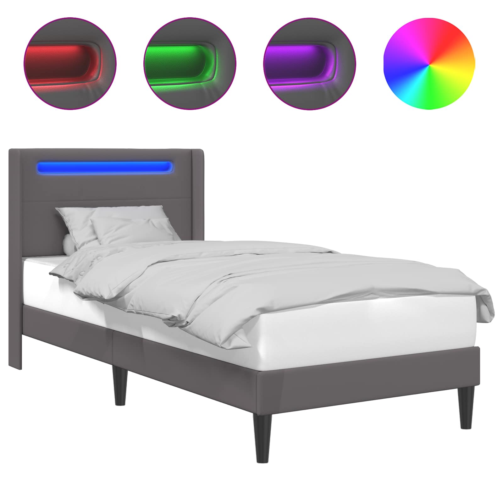 Sengestel med LED-lysstrimler Grå 90 x 200 cm Kunstlæder