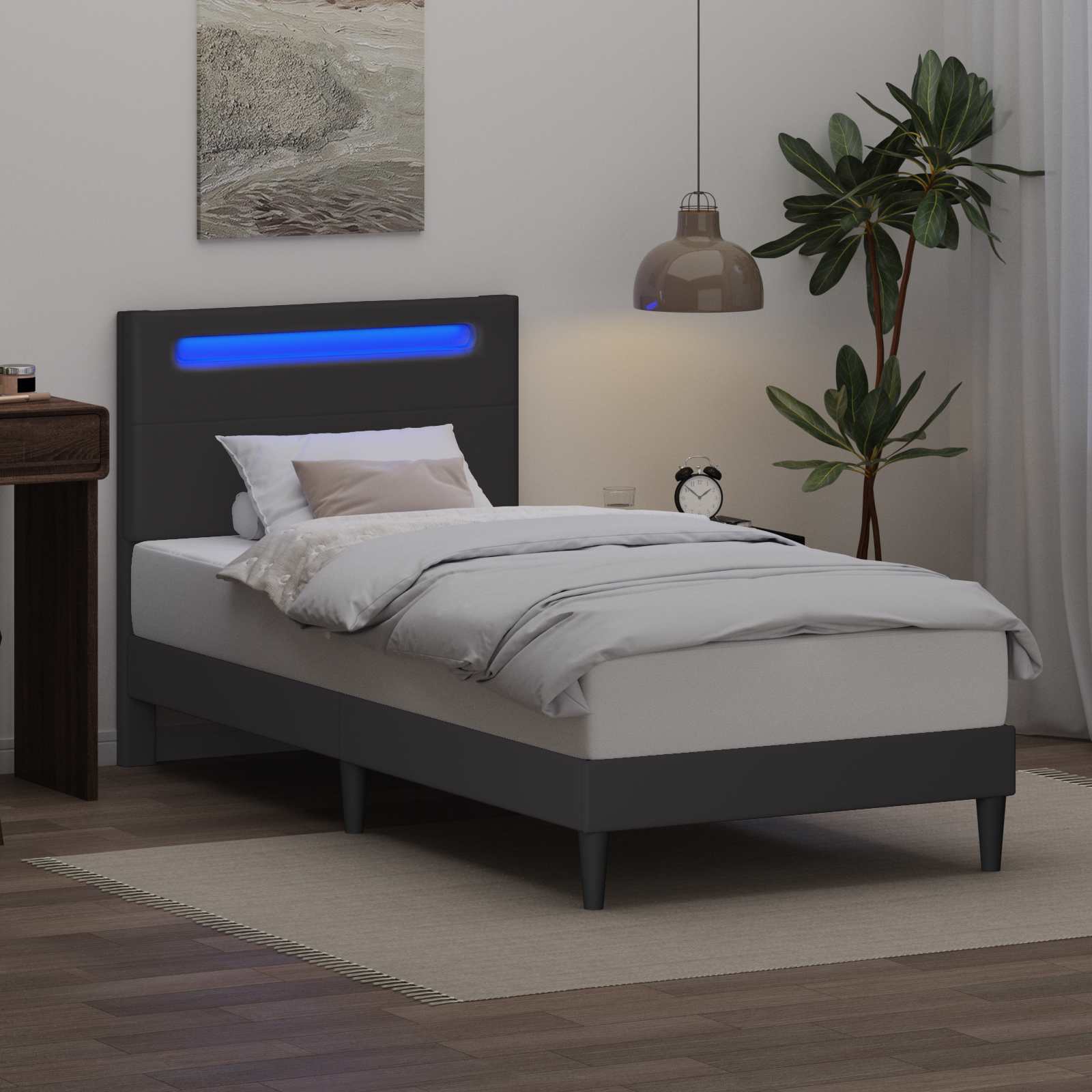 Sengestel med LED-lysstrimler Grå 90 x 190 cm Kunstlæder