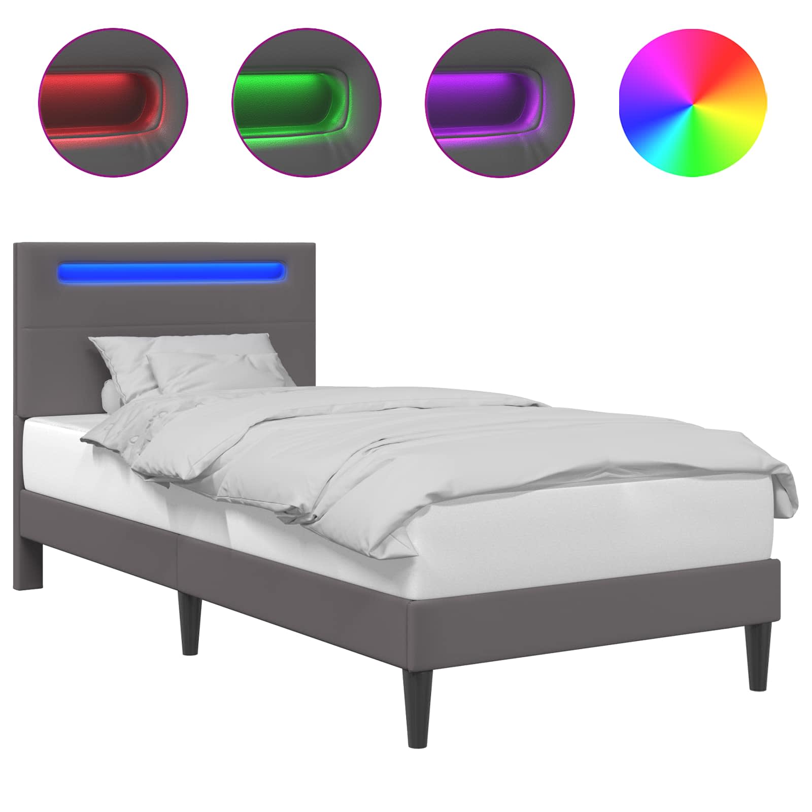 Sengestel med LED-lysstrimler Grå 90 x 190 cm Kunstlæder