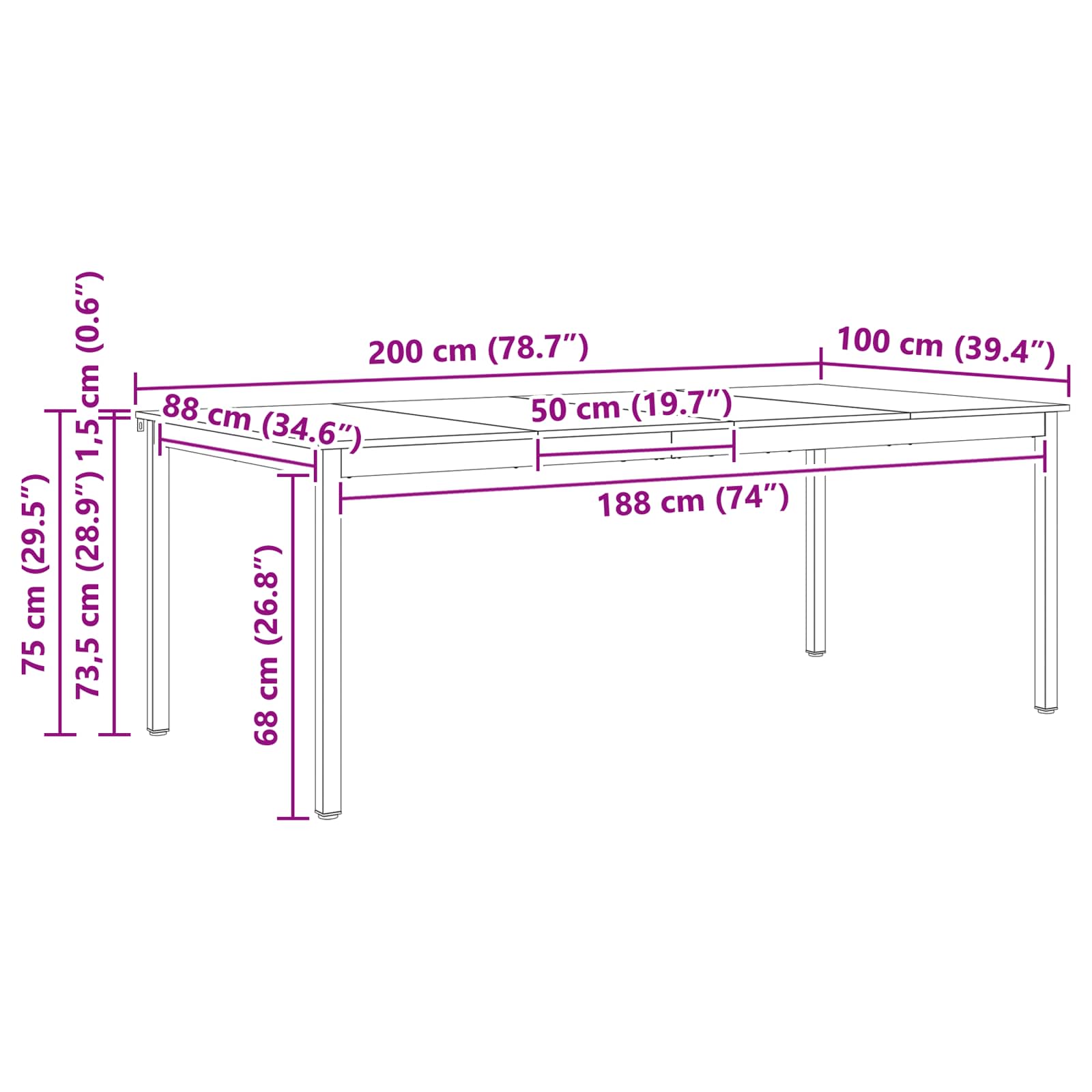 Spisebord Naturfarvet 200 x 100 x 75 cm Massiv fyrretræ