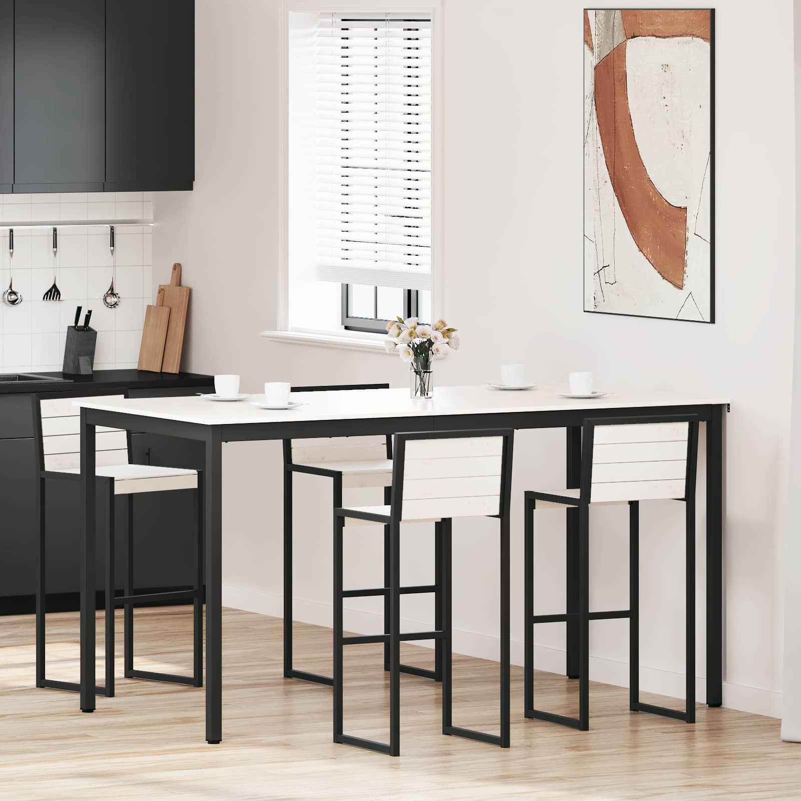 Barbord i hvidt fyrretræ med metalstel - 200 × 100 × 105 cm