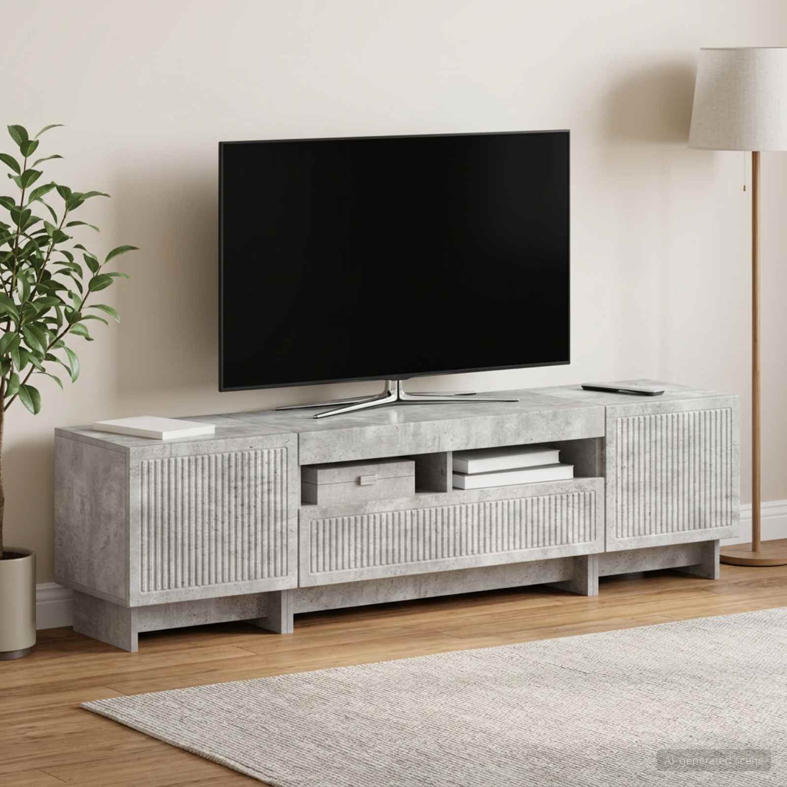 5-delt LED TV-bord i betongrå - TV-skab i konstrueret træ