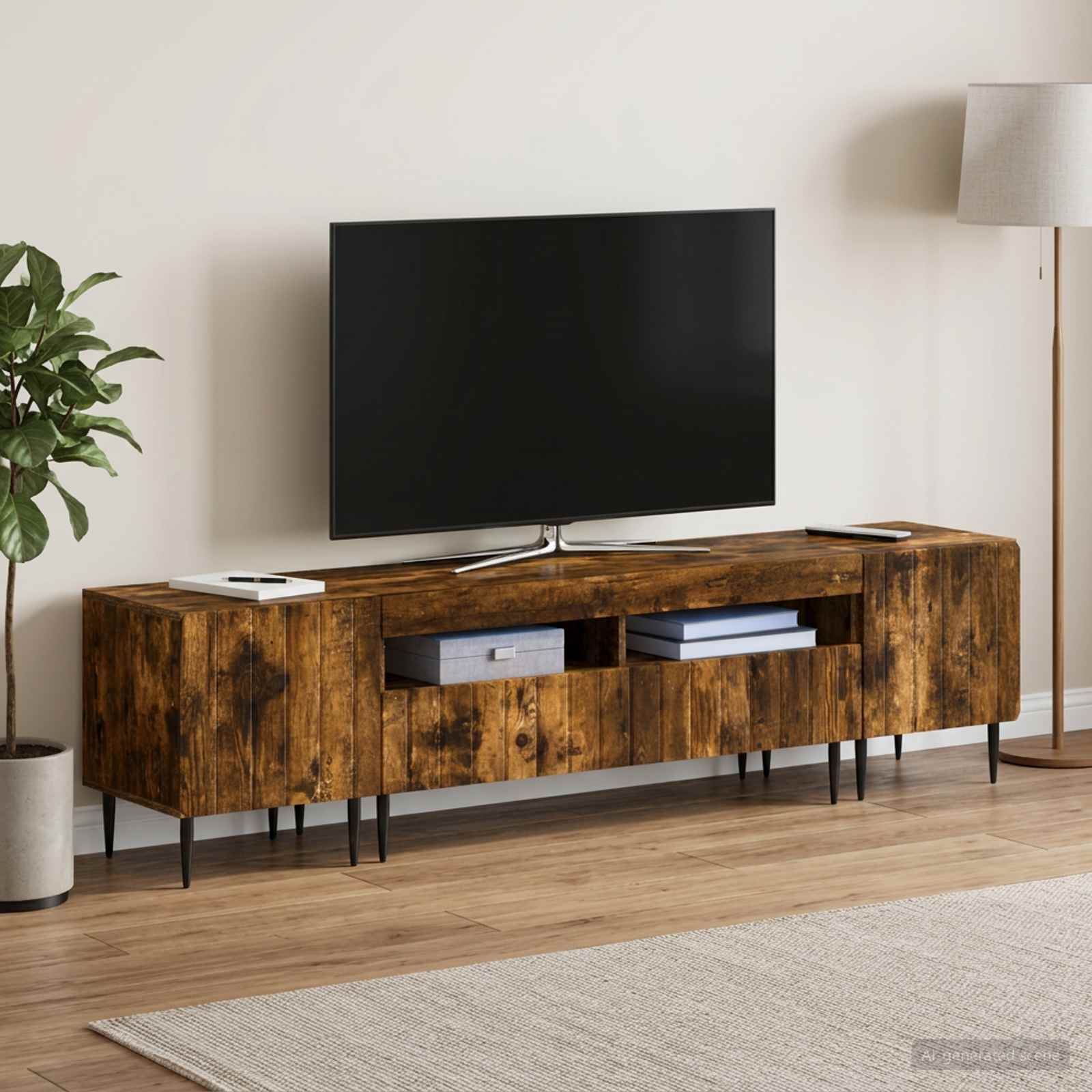 5-delt LED TV-skab i røget eg look af konstrueret træ