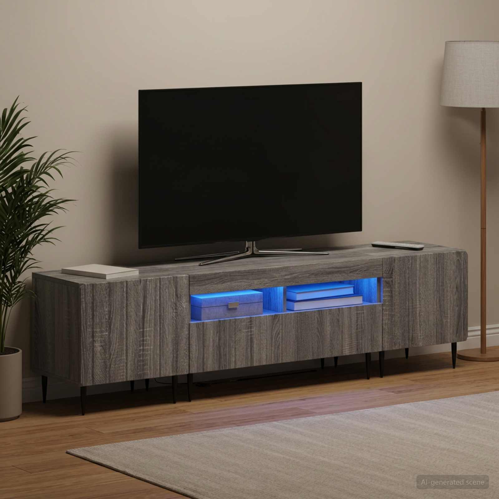 5-delt LED TV-skab i grå sonoma - TV-bord med opbevaring