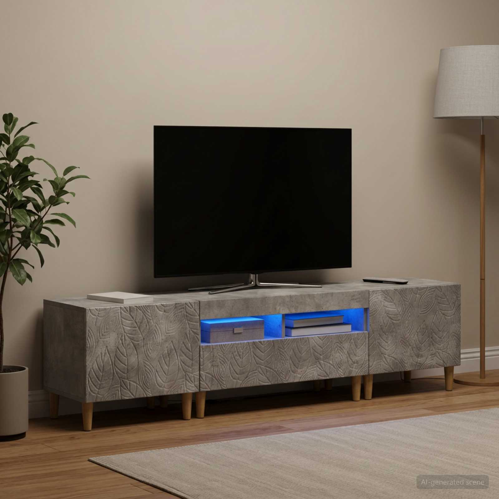5-delt LED TV-skab i betongrå - TV-bord med opbevaring i konstrueret træ