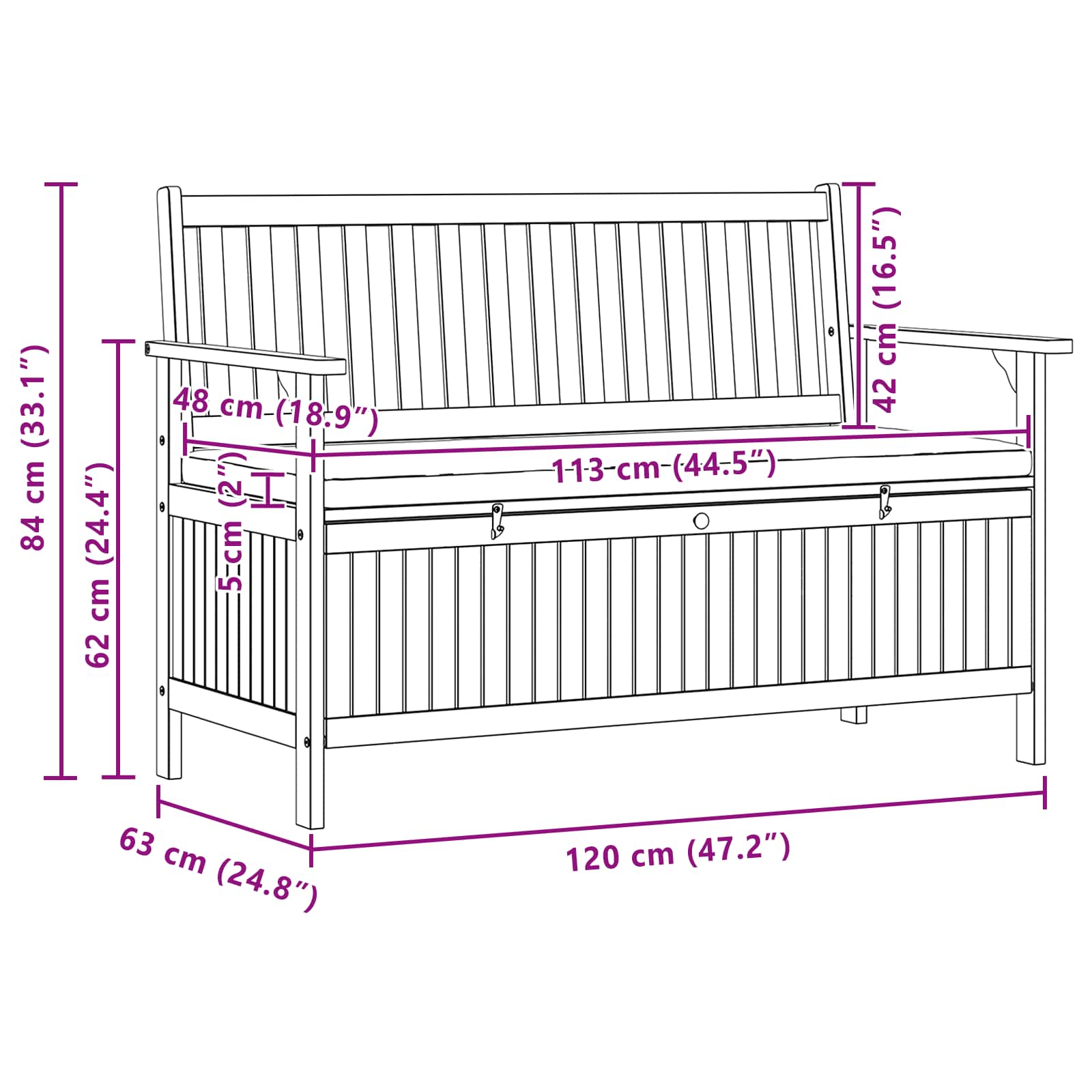 Opbevaringsbænk med opbevaring 120 x 63 x 84 cm Massiv akacie