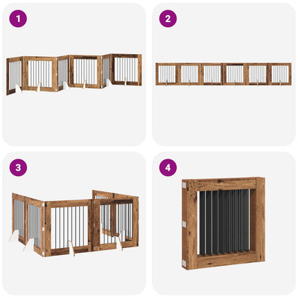 Sammenklappelig hundegitter med stativer 6 pcs Gammelt træ