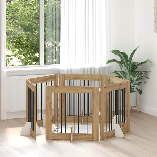 Sammenklappelig hundegitter med stativer 6 pcs Artisan-eg